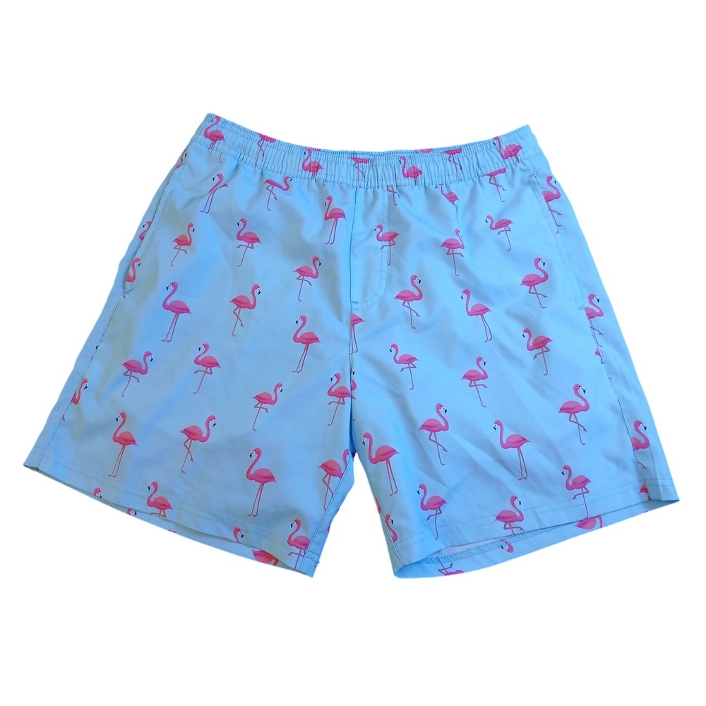 LRD Performance Mens Flamingo Print Swim Trunks Blue Pink Compression Liner Sz M